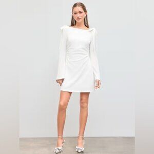 Cider White Boat Neck Ruched Bowknot Mini Dress • Medium